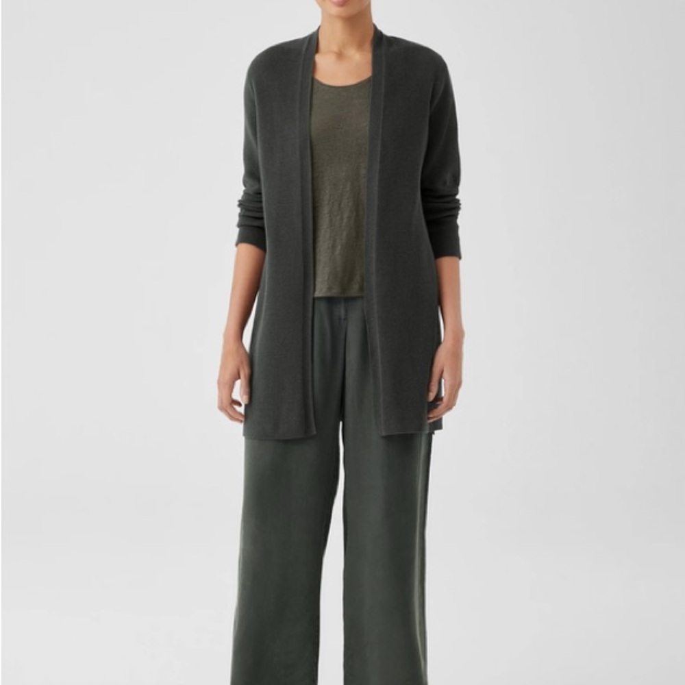 Eileen Fisher Peruvian Organic Cotton Crepe Cardigan Charcoal Grey Silk